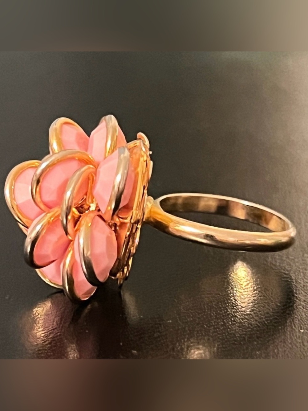 Vintage Gold Tone Pink Floral Cluster Statement Cocktail Ring